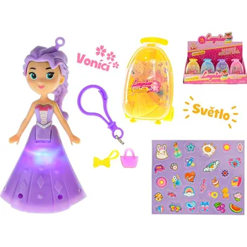 Mikro Trading Panenka 9,5cm vonící a svítící šaty na baterie s kufříkem a doplňky Barvy: fialová