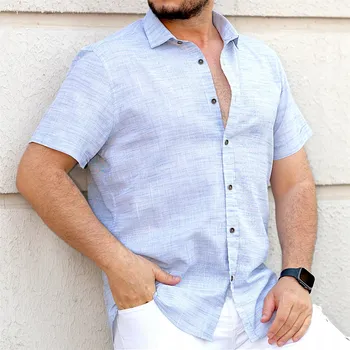 Pánská košile Pánská modrá bavlněná košile slim krátký rukáv velikost M