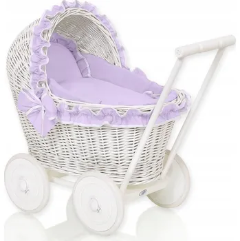 Kočárek pro panenku Proutěný kočárek pro panenky odrážedlo bílý s fialovým povlečením a výstelkou