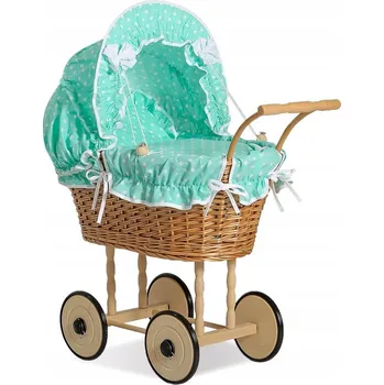 Kočárek pro panenku Vysoký proutěný kočárek pro panenky s mátovým povlečením a výstelkou NATALIA