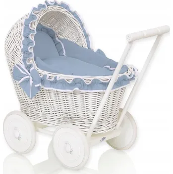 Kočárek pro panenku Proutěný kočárek pro panenky odrážedlo bílý s lůžkovinami špinavě modré