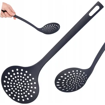 Naběračka Pěnovačka cedníková lžíce cedník na knedlíky plastová, černá, kuchyňská, 30 cm