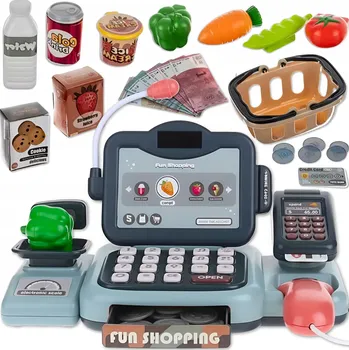 Hra na obchod Pokladna DK modrá s mikrofonem, váhou a čtečkou kódů