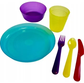 Talíř Barevná sada nádobí pro děti: talíř, hrnek, miska, příbory – 6 kusů