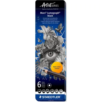 Grafitová tužka Staedtler Mars Lumograph Black 100B G6, sada uměleckých tužek 6 různých tvrdostí, v kovové krabičce