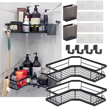 Drátěná police Rohová koupelnová police černá kovová 2-patrová