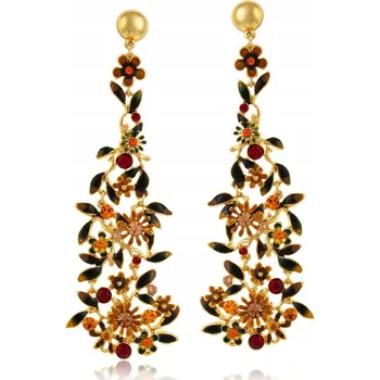 Náušnice Pozlacené dlouhé náušnice s květinkami, ručně zdobené smaltem a krystalem