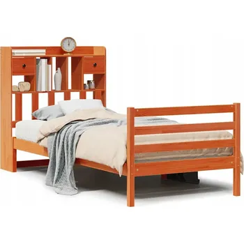 Postel Postel s regálem z masivního borovicového dřeva, voskovaný hnědý odstín, 228,5 x 106 x 110 cm