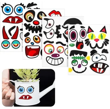 Zahradní dekorace Samolepky na Halloween pro kutily, 16 listů/64 kusů, vícebarevné štítky s kreslenými očima a ústy,