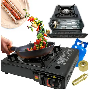 Turistický vařič TURISTICKÝ PLYNOVÝ VAŘIČ PŘENOSNÝ + 4x PLYN NOVÝ ZABALENÝ KUFŘÍK 2V1 RE