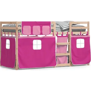 Postel Dřevěná patrová postel z borovice s růžovými závěsy 205,5 x 95,5 x 112 cm