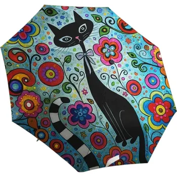Deštník Automatický skládací deštník, černá kočka s kvítky