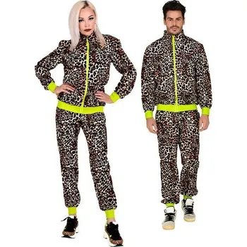 Karnevalový kostým KOSTÝM TEPLÁKOVKA S LEOPARDÍM VZOREM NEON DISCO 80 XXL