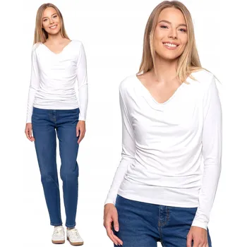 Dámská halenka DÁMSKÁ BLŮZKA VISKÓZA DLOUHÝ RUKÁV MORAJ VÝSTŘIH DO LODIČKY PŘILEHAVÁ BÍLÁ L