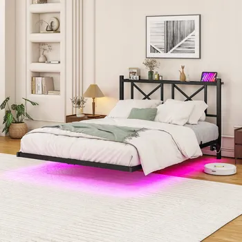 Postel Plovoucí kovový rám postele s čelem, LED osvětlením a nabíjecí stanicí, 120x200 cm
