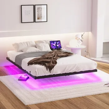 Postel Plovoucí rám postele s LED osvětlením a nabíjecí stanicí, černý, 140x200 cm