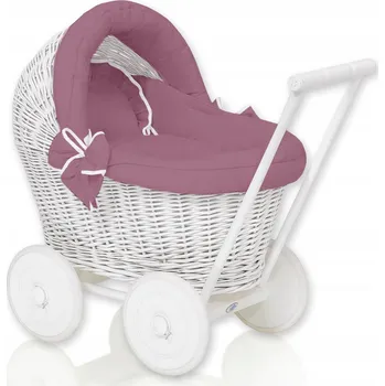 Kočárek pro panenku Proutěný kočárek pro panenky odrážedlo bílý s retro růžovým povlečením a polstrováním