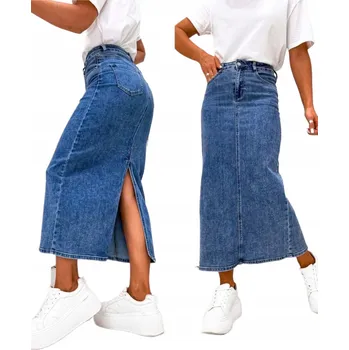 Dámská sukně KLASICKÁ DLOUHÁ SUKNĚ MIDI DŽÍNOVÁ TUŽKOVÁ PŘILÉHAVÁ S ROZPARKEM S