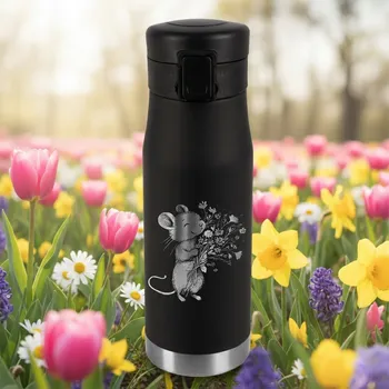 Termoska Termohrnek Termoska 600 ml Dárek k narozeninám, gravírování MYŠKA S KVĚTINAMI