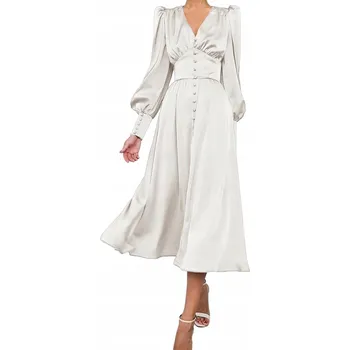 Dámské šaty Dámské Saténové Maxi Šaty Elegantní Vintage Styl s Nafouklými Rukávy Bílé L
