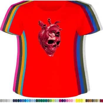 Dámské tričko damske-levne-bavlnene-tricko-digitalni-potisk-lebka-srdce Barva: Red - červená, velikost: 3XL