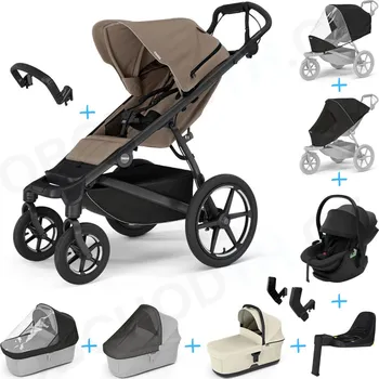 Dětské zboží Set 10v1 Thule Urban Glide 4-wheel Tinted Taupe s magnetickou sponou + madlo + korbička Soft Beige + pláštěnky a moskytiéry Thule + Autosedačka Thule Maple Black s ISOFIX základnou Thule Alfi a adaptéry