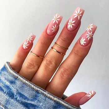 Brishow Coffin Umělé nehty Dlouhé umělé nehty Francouzské květiny Nalepovací nehty Balerína