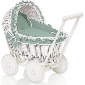 Kočárek pro panenku Proutěný kočárek pro panenky odrážedlo bílý se šalvějovým povlečením a výplní
