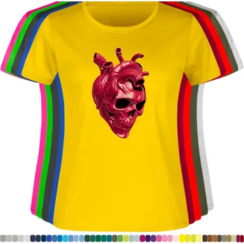 Dámské tričko damske-levne-bavlnene-tricko-digitalni-potisk-lebka-srdce Barva: Yellow - žlutá, velikost: XS