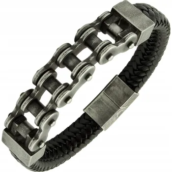 Náramek Pánský náramek kožený motocyklový řetěz černý ocel 316L BLINGART