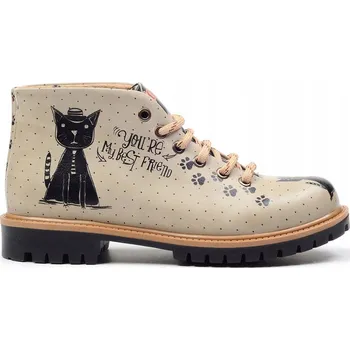 Dámská obuv Dámské šněrovací kotníkové boty Goby v černé a béžové s motivem koček 41