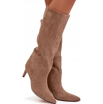 Dámské kozačky Dámské zateplené kozačky na jehlovém podpatku, nazouvací, béžový eko semiš, velikost 40