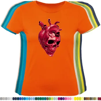 Dámské tričko damske-levne-bavlnene-tricko-digitalni-potisk-lebka-srdce Barva: Orange - oranžová, velikost: XS