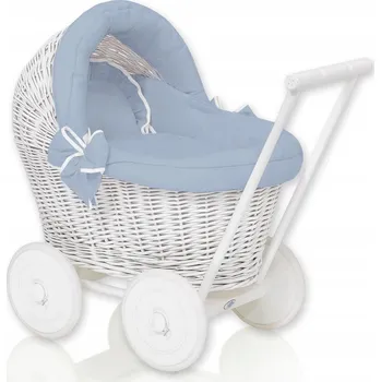 Kočárek pro panenku Proutěný kočárek pro panenky odrážedlo bílý s lůžkovinami špinavě modré