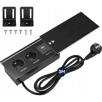 Elektrická zásuvka Stolní zásuvka do nábytku s USB-C PD 20W, 2 zásuvky, 3m kabel, černá