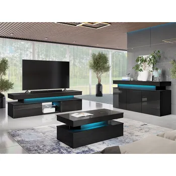 Obývací stěna MOB Souprava nábytku do obývacího pokoje Lesteralo I (černá + lesk černý) (s modrým LED osvětlením)
