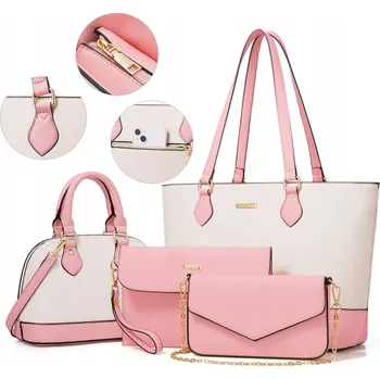 Kabelka DÁMSKÁ KABELKA 4V1 RŮŽOVÁ PSANÍČKO KABELKA SHOPPER PENĚŽENKA SADA