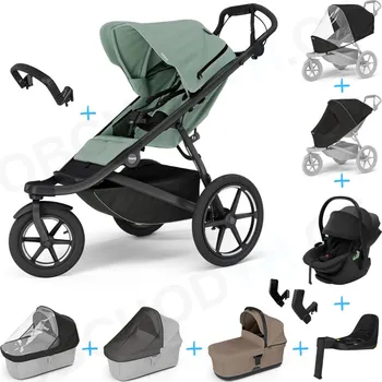 Dětské zboží Set 10v1 Thule Urban Glide 3 Mist Green s magnetickou sponou + madlo + korbička Tinted Taupe + pláštěnky a moskytiéry Thule + Autosedačka Thule Maple Black s ISOFIX základnou Thule Alfi a adaptéry