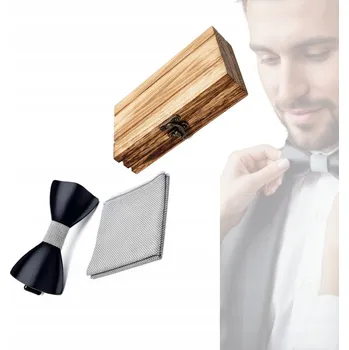 Motýlek MOTÝLEK DŘEVĚNÝ ČERNÝ KAPESNÍČEK BAMBUSOVÁ SADA LEHKÝ DÁREK MÓDNÍ MUŠKA