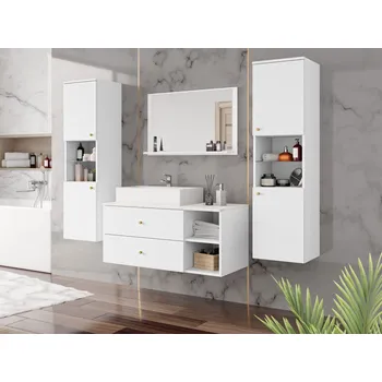 Koupelnový nábytek MOB Koupelnový nábytek Kiago III (bílá matná + mramor bianco + zlatá) (se sifonem)