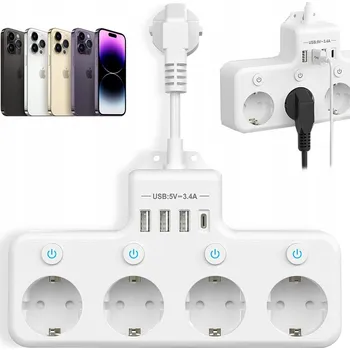 Elektrická zásuvka ZÁSUVKOVÁ LIŠTA 4 ZÁSUVKY 3 USB A TYP C S ODDĚLENÝMI SPÍNAČI