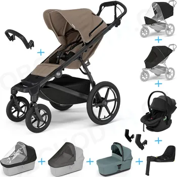 Dětské zboží Set 10v1 Thule Urban Glide 4-wheel Tinted Taupe s magnetickou sponou + madlo + korbička Mid Blue + pláštěnky a moskytiéry Thule + Autosedačka Thule Maple Black s ISOFIX základnou Thule Alfi a adaptéry