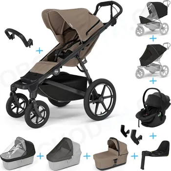 Dětské zboží Set 10v1 Thule Urban Glide 4-wheel Tinted Taupe s magnetickou sponou + madlo + korbička Tinted Taupe + pláštěnky a moskytiéry Thule + Autosedačka Thule Maple Black s ISOFIX základnou Thule Alfi a adaptéry