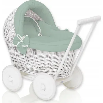 Kočárek pro panenku Proutěný kočárek pro panenky odrážedlo bílý se šalvějovým povlečením a výplní