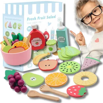 Dřevěná hračka Dřevěná Sada Ovoce Miska Vidličky pro Děti Hračka Salát Vzdělávací