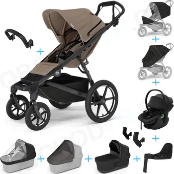 Dětské zboží Set 10v1 Thule Urban Glide 4-wheel Tinted Taupe s magnetickou sponou + madlo + korbička Black + pláštěnky a moskytiéry Thule + Autosedačka Thule Maple Black s ISOFIX základnou Thule Alfi a adaptéry