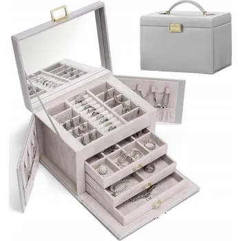 Šperkovnice VELKÁ ŠPERKOVNICE NA BIŽUTERII Z PU KŮŽE SE ZRCADLEM, 4 ÚROVNĚ, LEHKÝ ORGANIZÉR