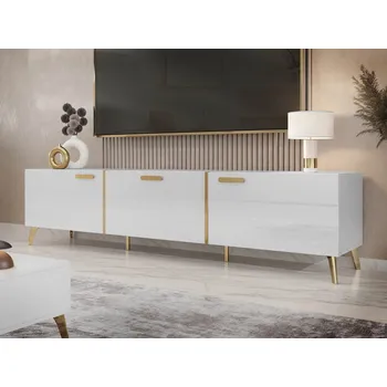 Televizní stolek Mirjan_zondo TV skříňka/stolek Rostasi 3D (bílá + bílá lesklá + zlatá)