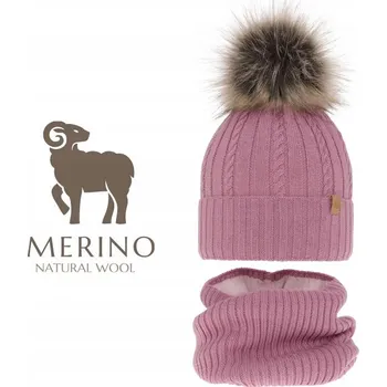 Čepice Agbo Čepice Nákrčník Zimní set pro děti 48-50 cm MERINO VLNA Růžová
