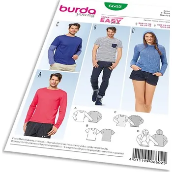 Střih Burda 6602 - Jednoduché tričko, tričko s kapucí, tričko s dlouhým rukávem, pánské tričko